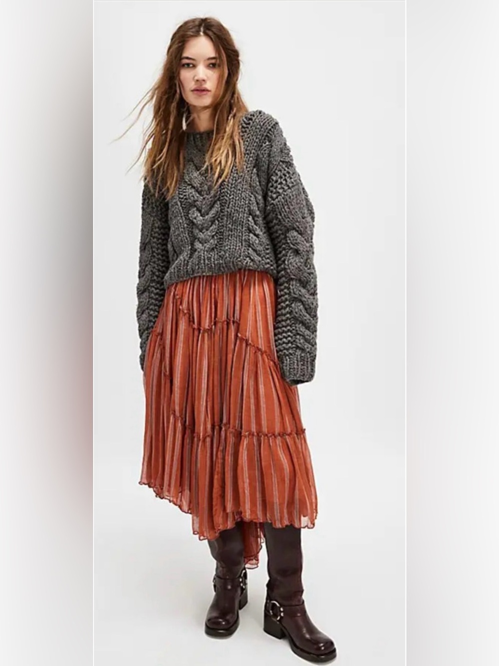 NEW FREE PEOPLE FP ONE TERRACOTTA STRIPE EMBER PRINTED MIDI SKIRT SZ XS